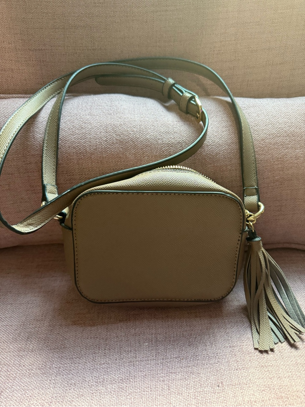 Leather Crossbody Camera Bag in Khaki with Tassel